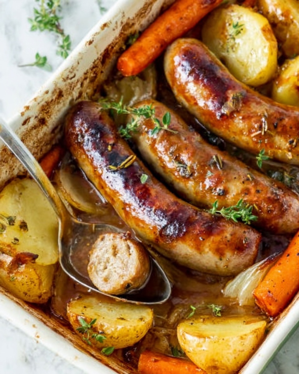 Oven Baked Sausages with Potatoes, Vegetables and Gravy Recipe - Recipe Image