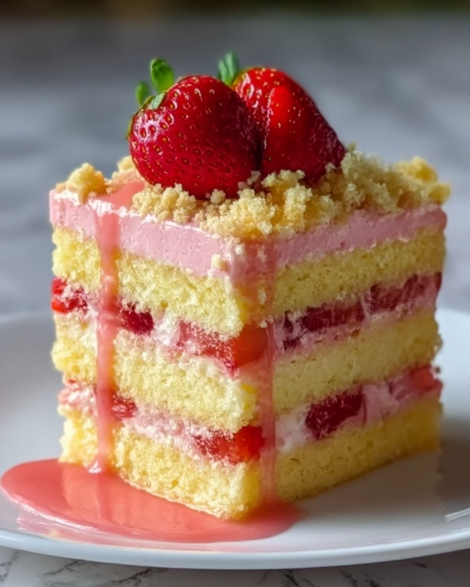 Strawberry Lemon Crunch Cake Slice with Strawberry Red Cream Cheese Icing Recipe - Recipe Image