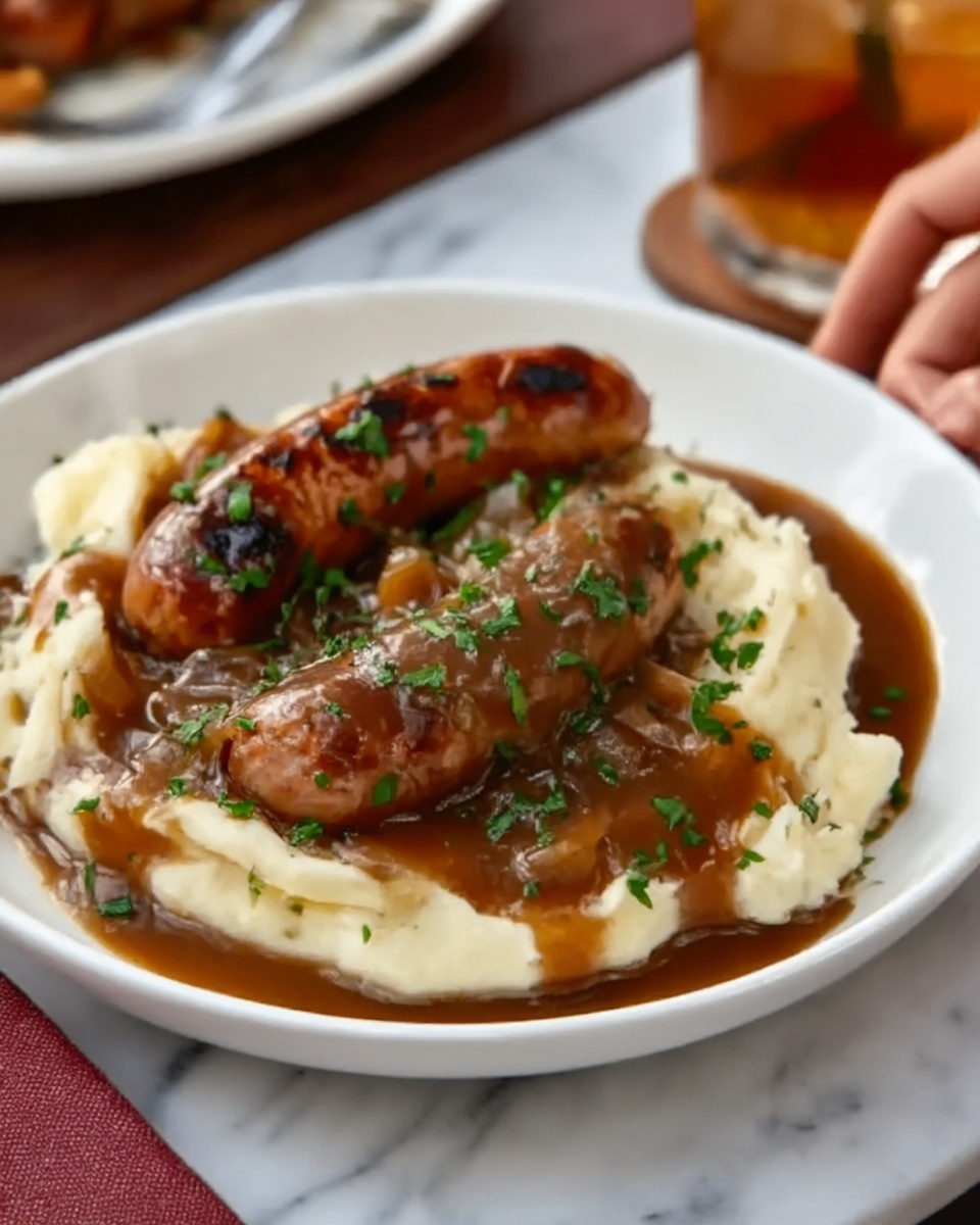 Bangers and Colcannon with Guinness Onion Gravy Recipe - Recipe Image