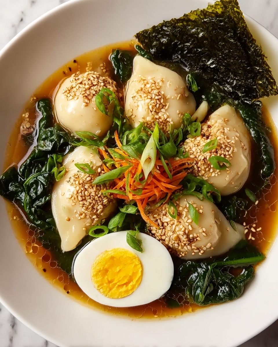 Savory Dumpling Ramen Bowl with Soft-Boiled Eggs and Fresh Greens Recipe - Recipe Image