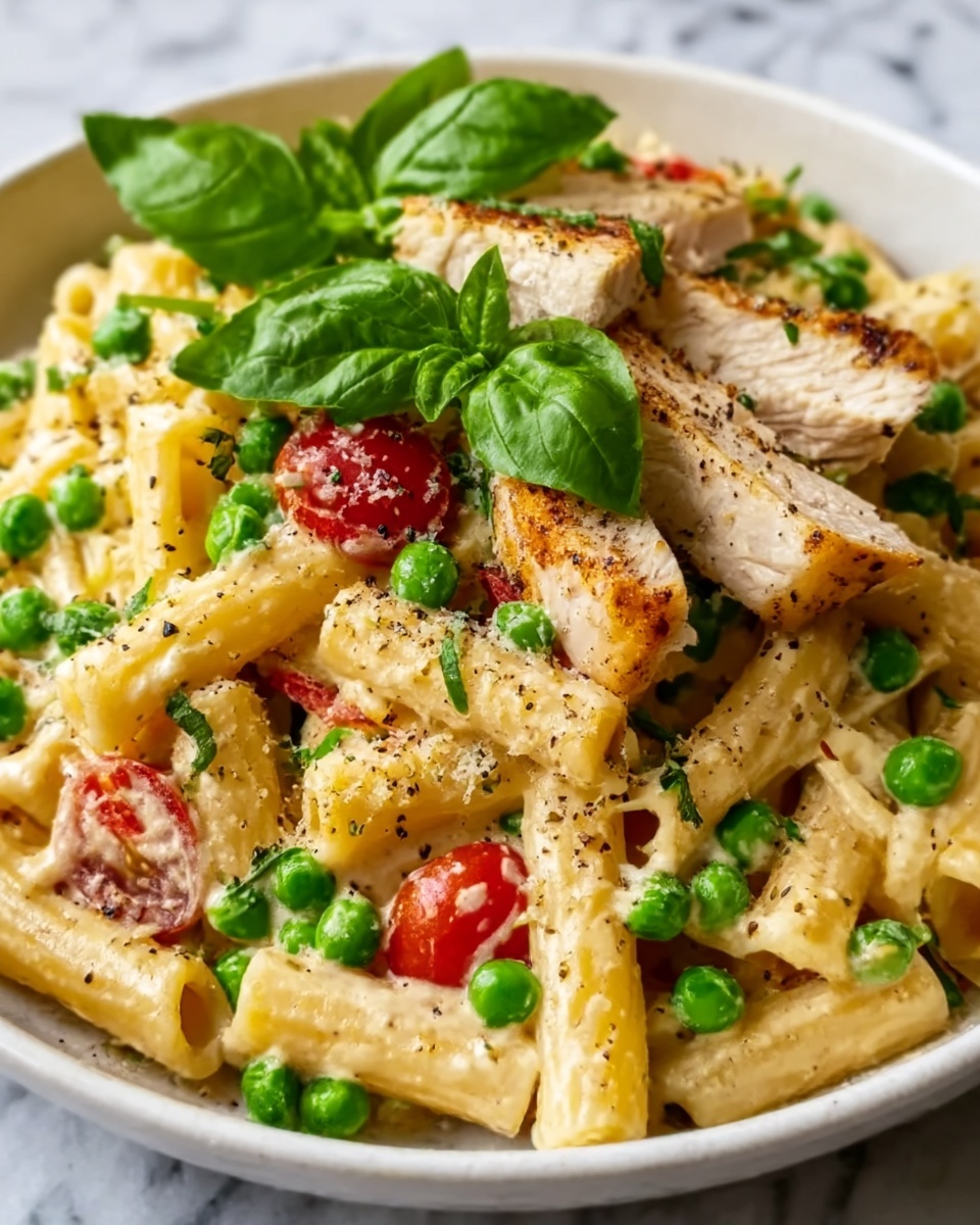 Creamy Chicken and Pea Carbonara Pasta Recipe - Recipe Image