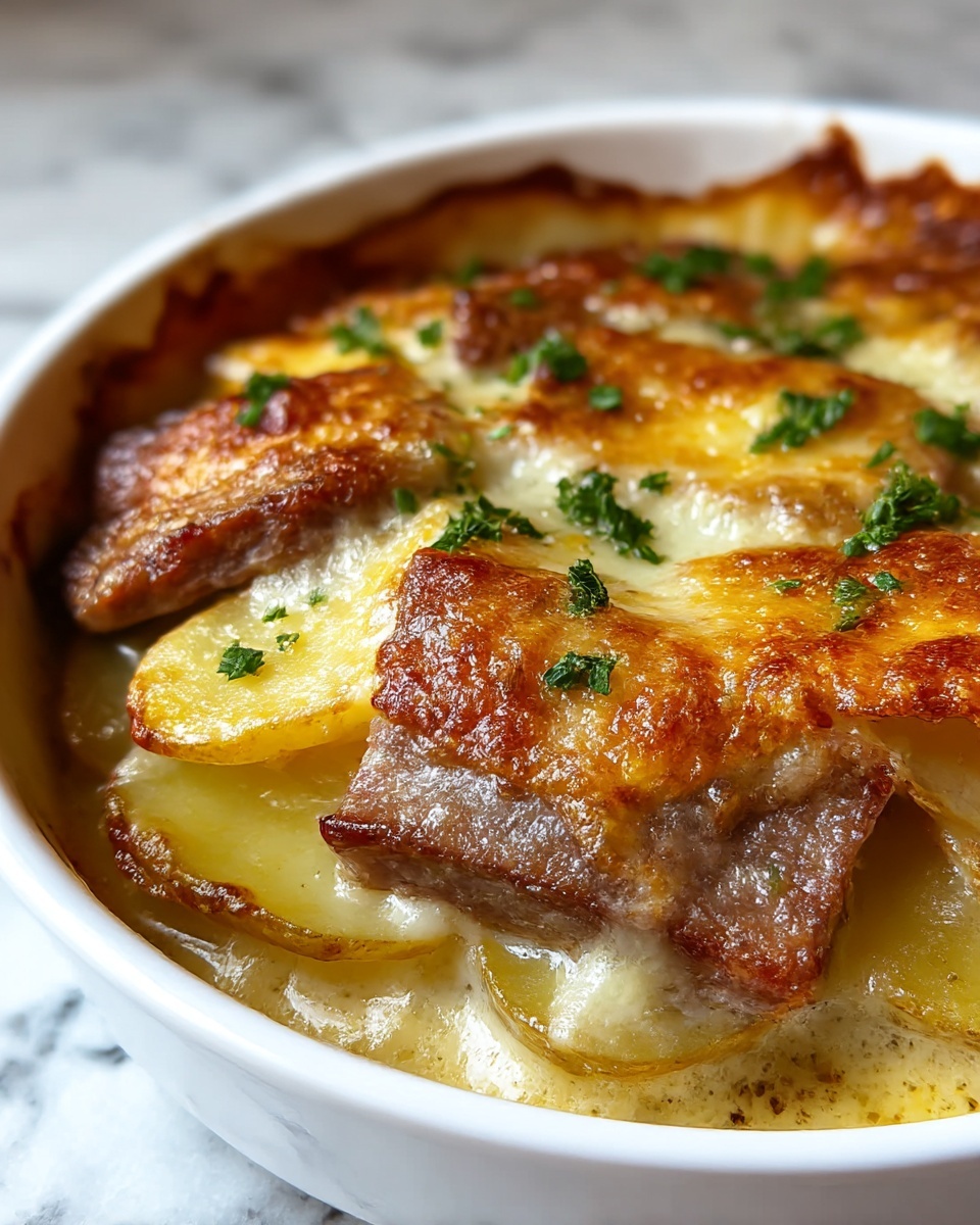 Hearty Smothered Beef Chop Scalloped Potato Casserole Recipe - Recipe Image