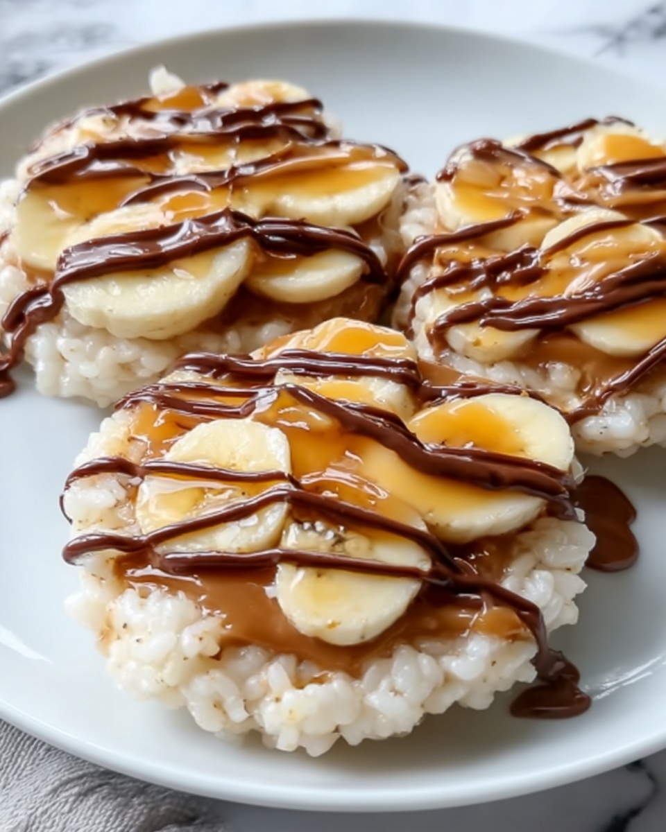 Rice Cake Snacks with Peanut Butter, Banana, and Chocolate Drizzle Recipe - Recipe Image