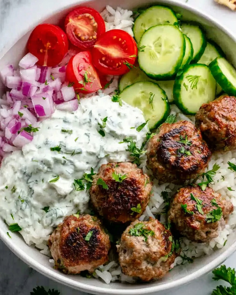 Greek Meatball Bowl with Tzatziki, Rice & Fresh Veggies Recipe - Recipe Image