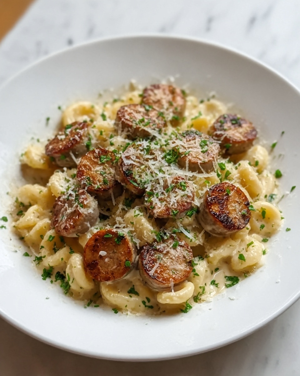 Garlic Butter Sausage with Creamy Parmesan Pasta Recipe - Recipe Image