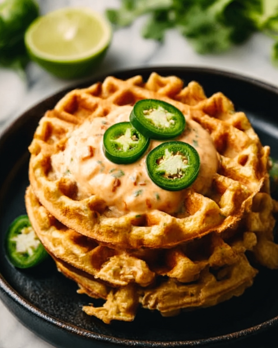 Cheddar Jalapeño Cornbread Waffles with Turkey Chile Con Queso Dip Recipe - Recipe Image