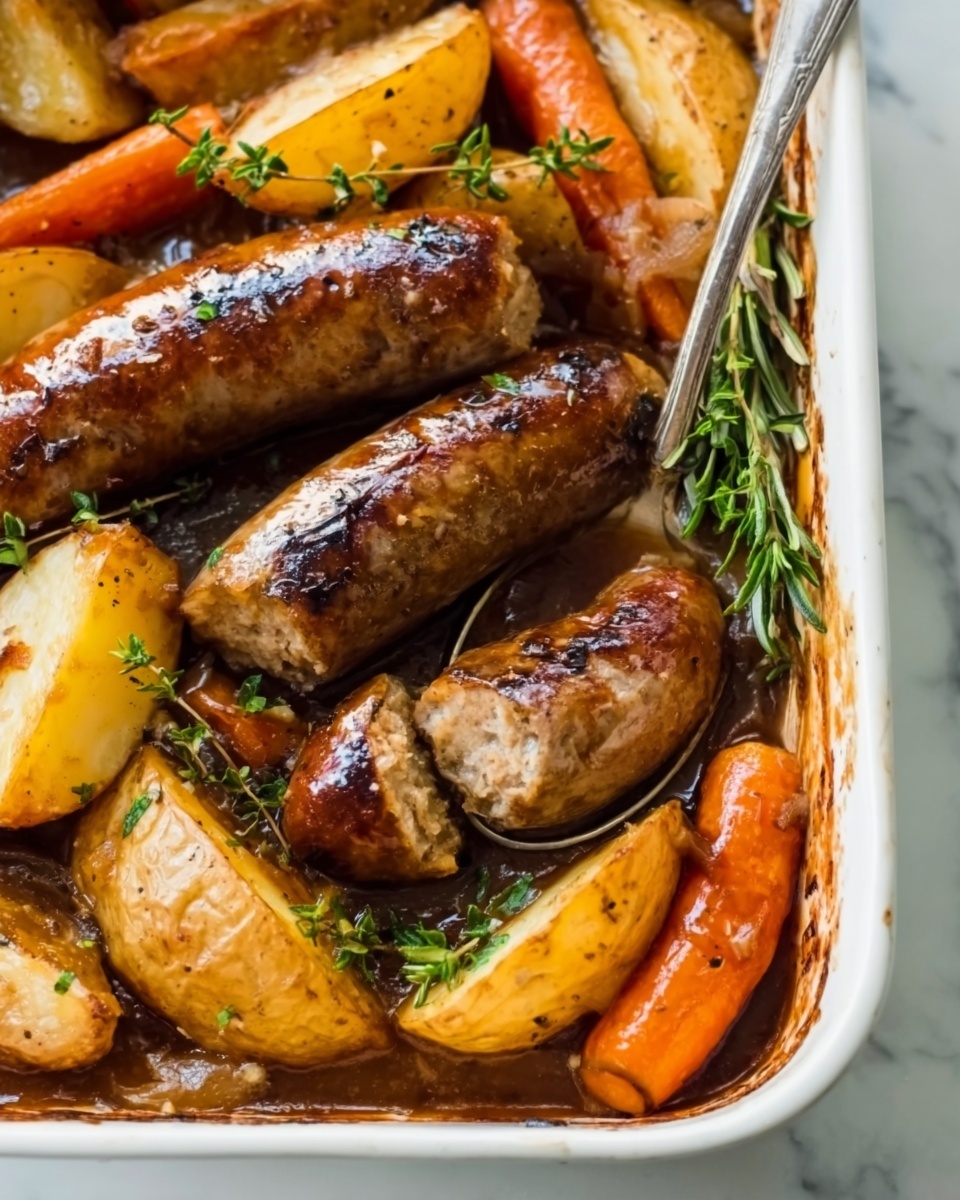 Oven Baked Sausages with Potatoes, Vegetables and Gravy Recipe - Recipe Image