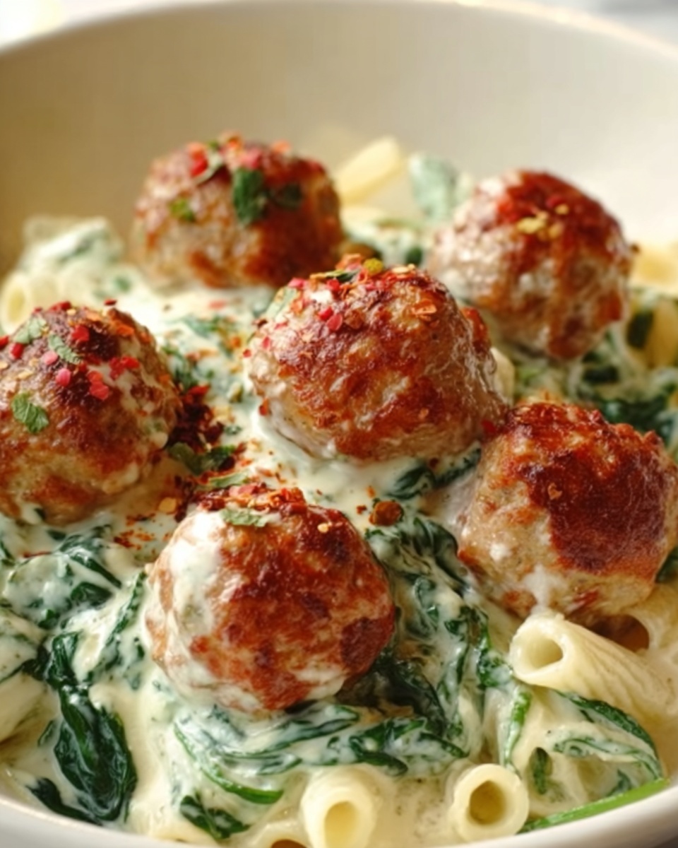 Baked Chicken Ricotta Meatballs with Spinach Alfredo Sauce Recipe - Recipe Image