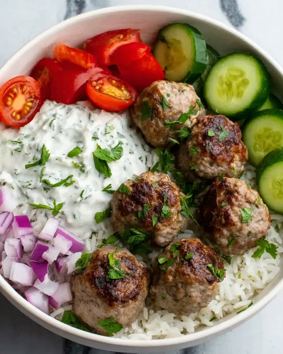 Greek Meatball Bowl with Tzatziki, Rice & Fresh Veggies Recipe - Recipe Image