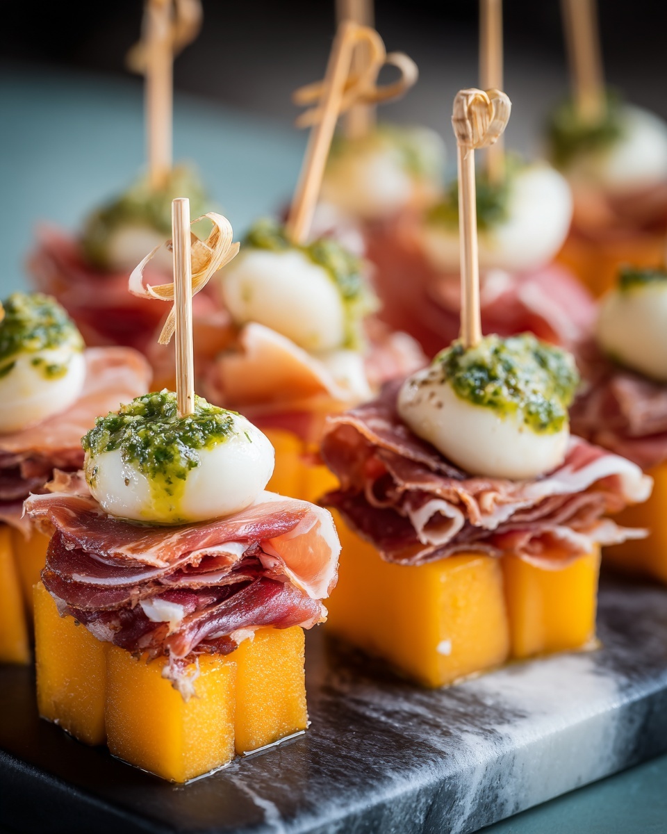 Irresistible Cantaloupe Prosciutto Skewers with Pesto Recipe - Recipe Image