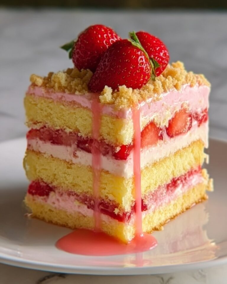 Strawberry Lemon Crunch Cake Slice with Strawberry Red Cream Cheese Icing Recipe