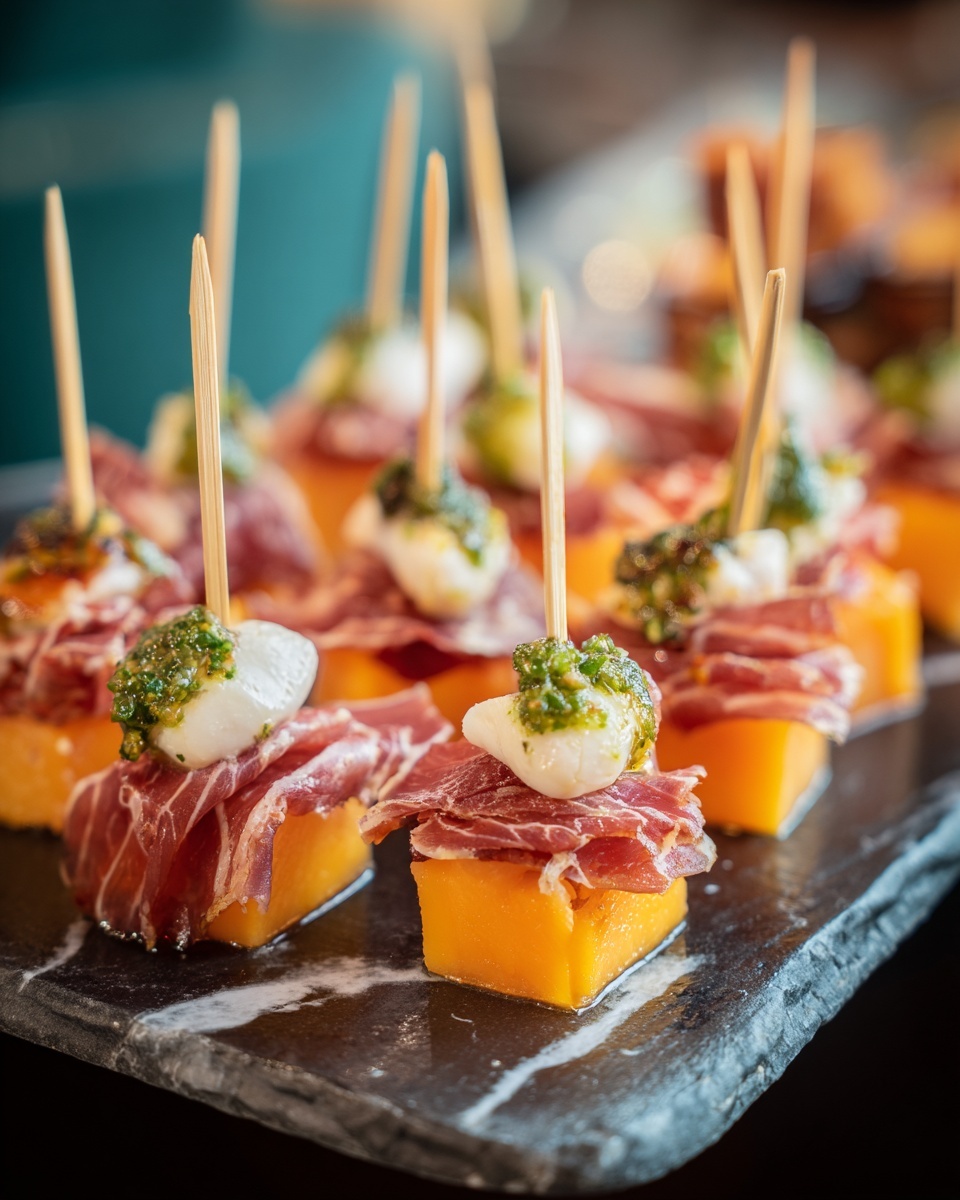 Irresistible Cantaloupe Prosciutto Skewers with Pesto Recipe - Recipe Image