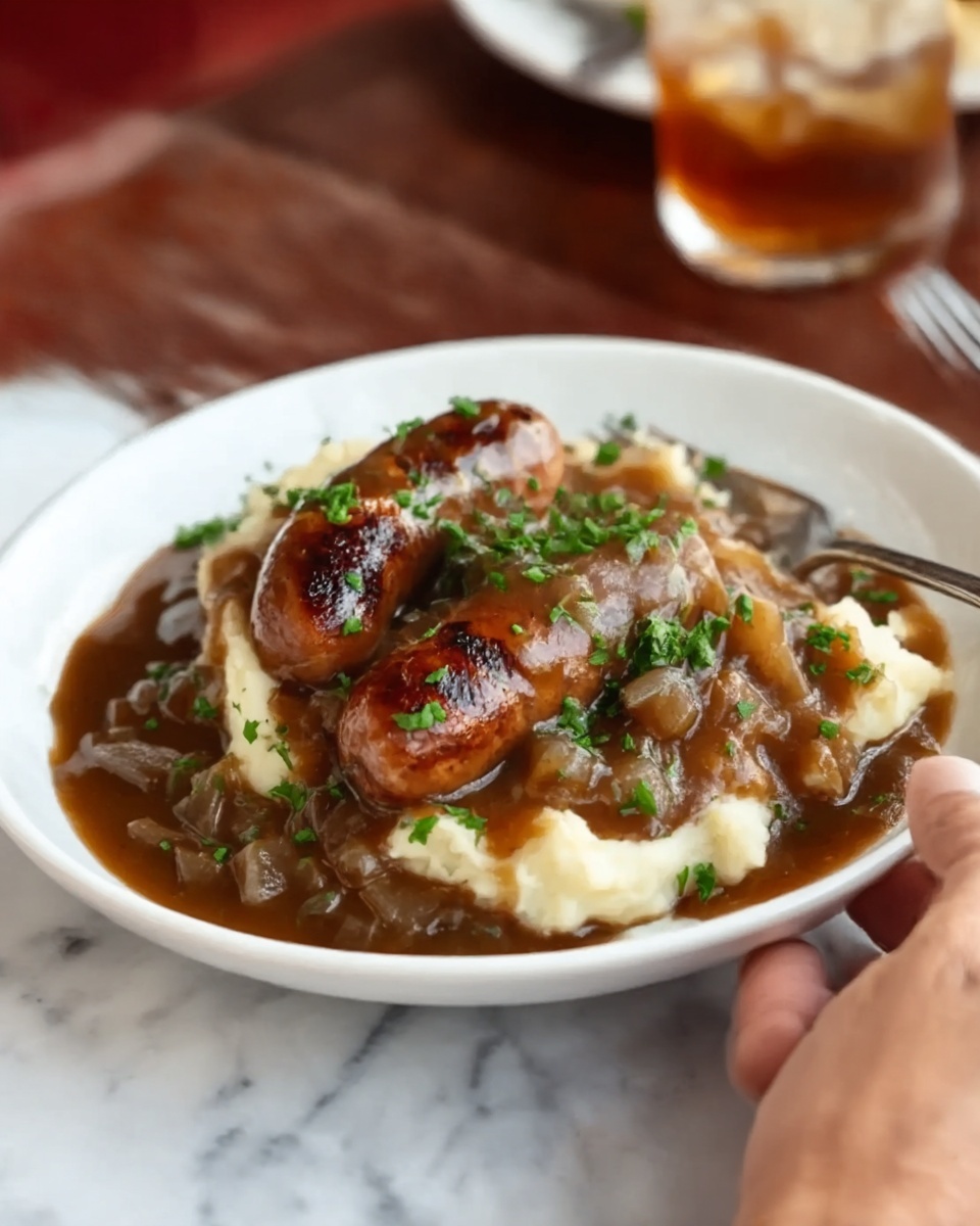 Bangers and Colcannon with Guinness Onion Gravy Recipe - Recipe Image