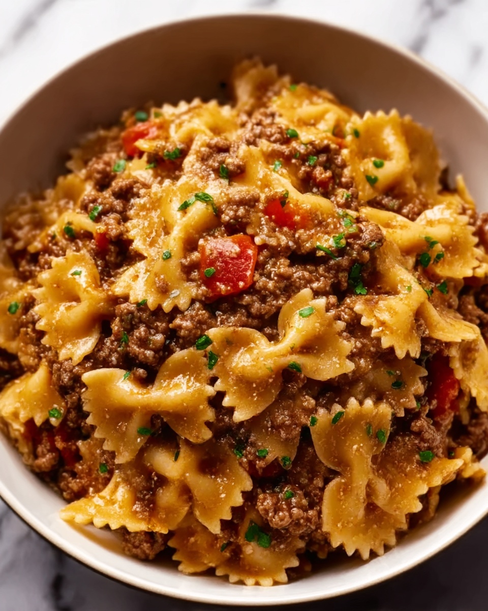 Bowtie Pasta with Creamy Ground Beef and Tomatoes Recipe - Recipe Image