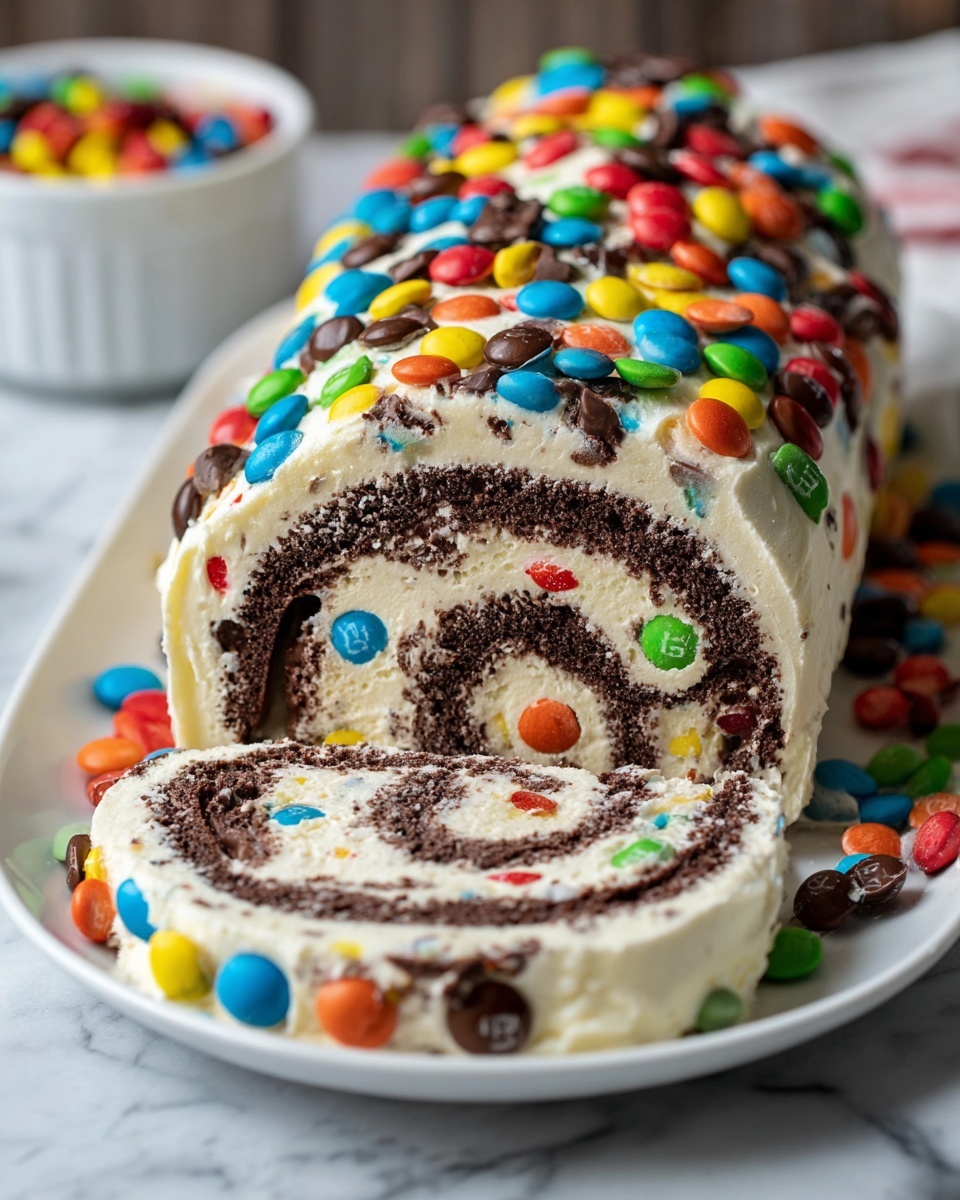 M&M's Chocolate Chip Cookie Dough Ice Cream Cake Roll Recipe - Recipe Image