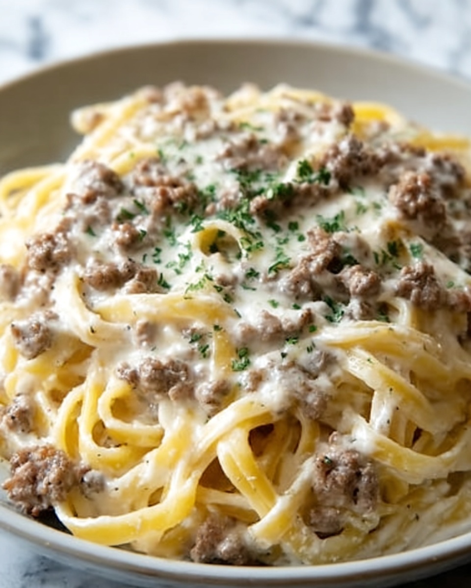 Cheesy Garlic Butter Linguine with Savory Ground Beef Recipe - Recipe Image