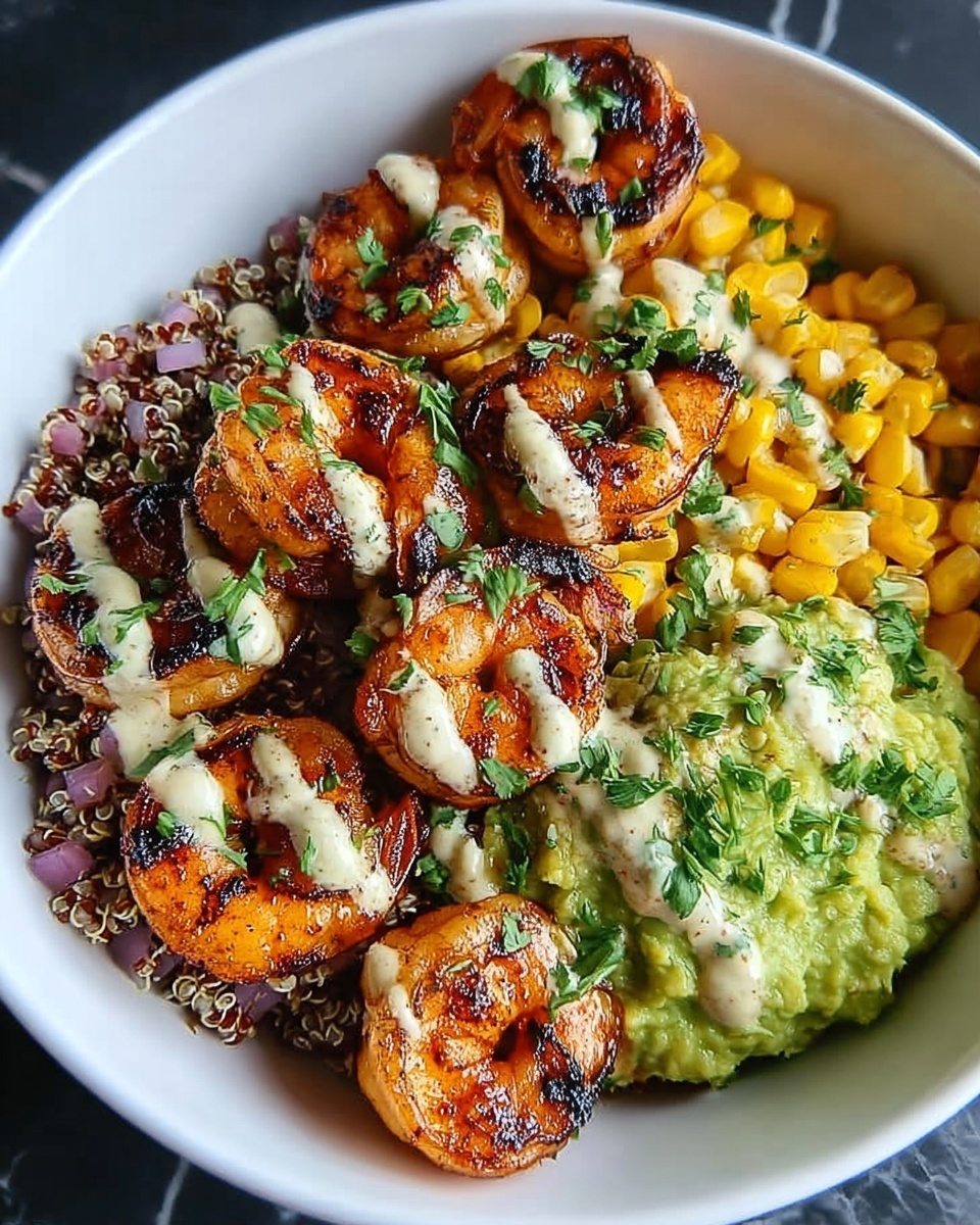 Grilled Shrimp Bowl with Avocado Corn Salsa & Creamy Sauce Recipe - Recipe Image