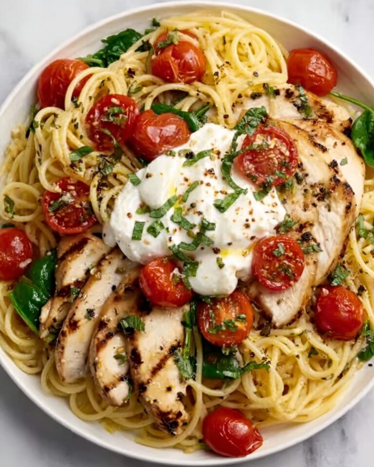 Chicken Spaghetti with Burrata, Roasted Cherry Tomatoes, and Lemon Butter Garlic Sauce Recipe