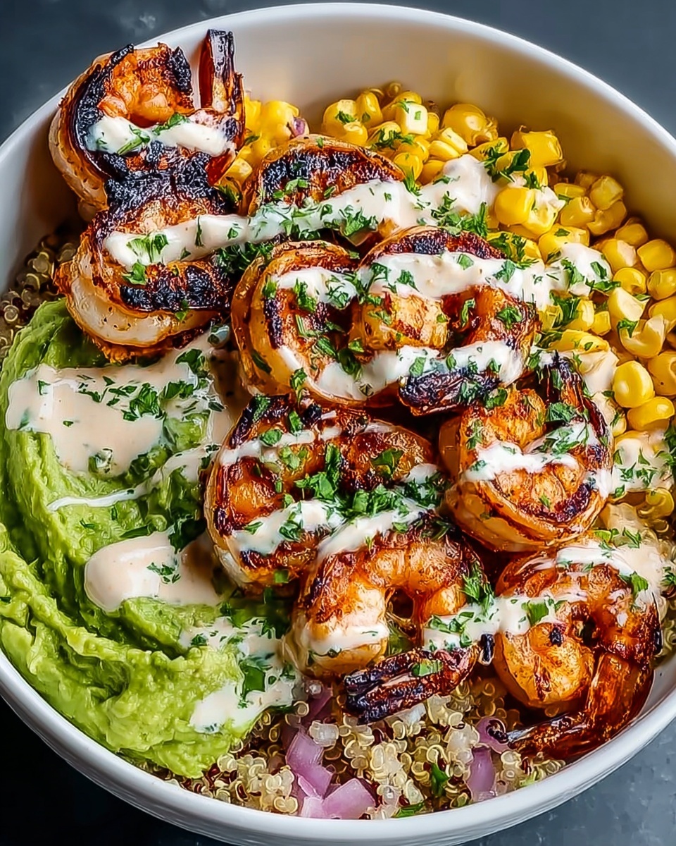 Grilled Shrimp Bowl with Avocado Corn Salsa & Creamy Sauce Recipe - Recipe Image