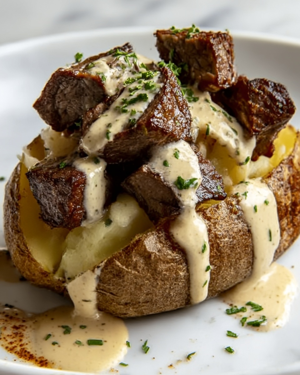 Loaded Baked Potato with Steak Bites and Parmesan Cream Sauce Recipe - Recipe Image