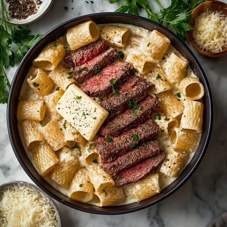 Garlic Butter Steak with Creamy Parmesan Rigatoni Recipe