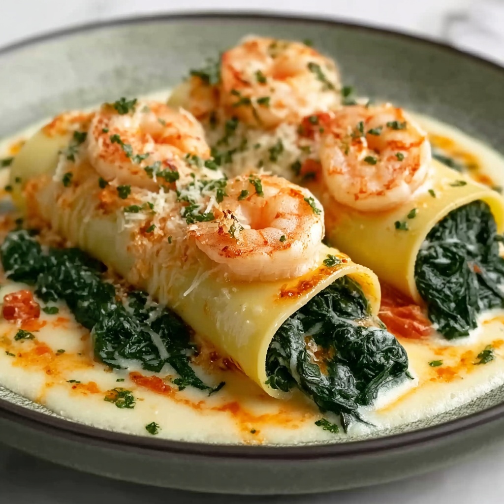 Shrimp and Spinach Stuffed Pasta Rolls with Roasted Red Pepper Cream Sauce Recipe - Recipe Image