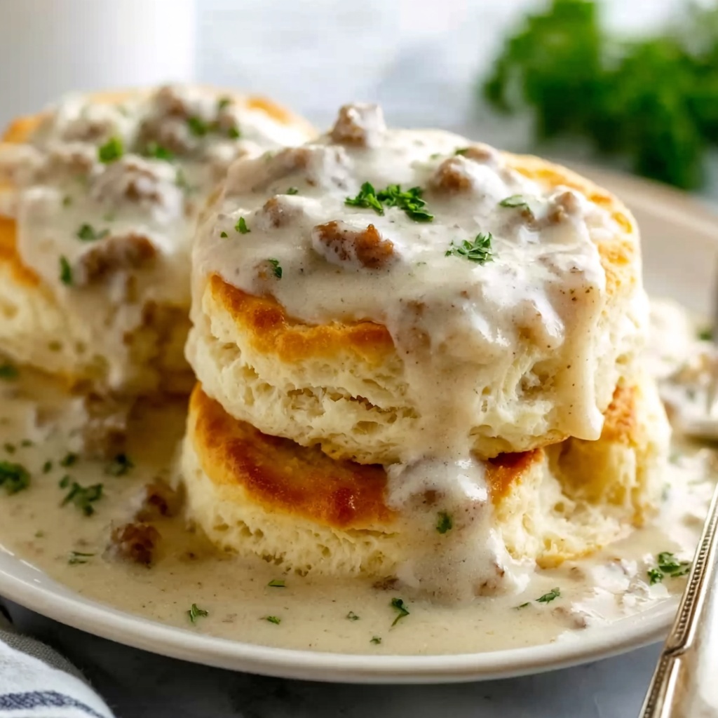 Fluffy Southern Biscuits Smothered in Creamy Sausage Gravy Recipe - Recipe Image