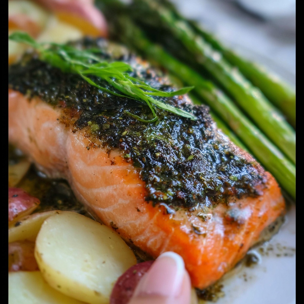Sheet Pan Salmon with Creamy Scalloped Potatoes and Asparagus Recipe - Recipe Image