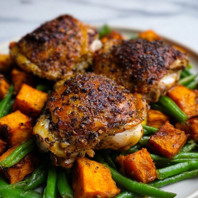 One Pan Maple Mustard Chicken with Roasted Sweet Potatoes and Green Beans Recipe