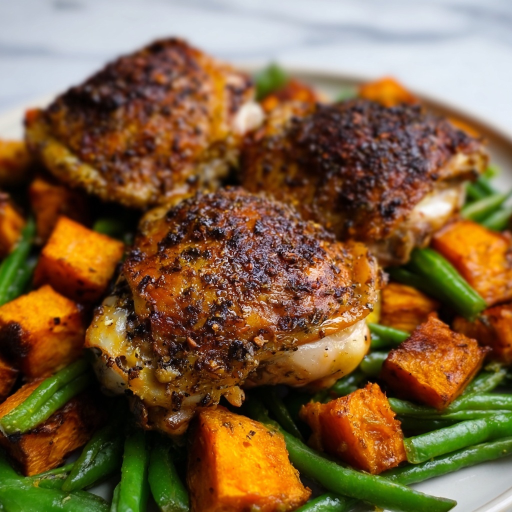 One Pan Maple Mustard Chicken with Roasted Sweet Potatoes and Green Beans Recipe - Recipe Image