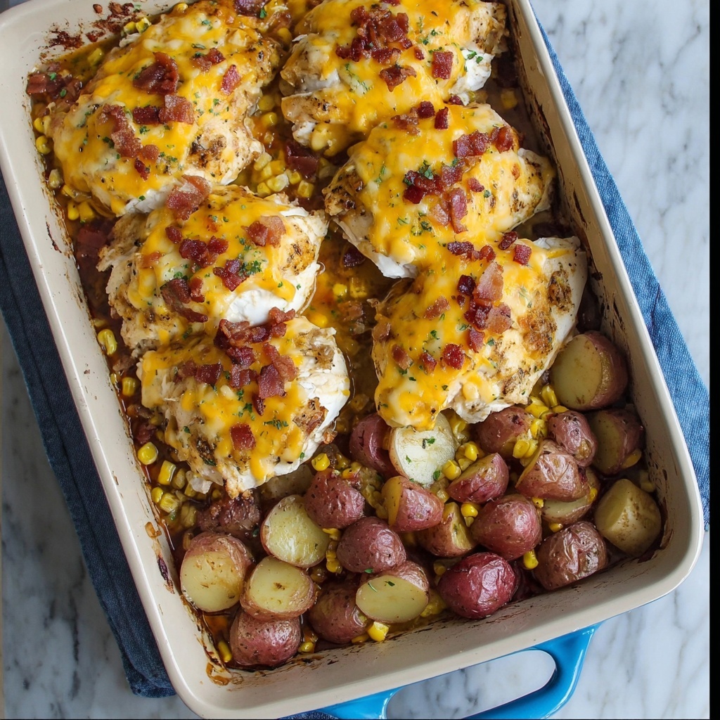 One Pan Cheesy Bacon-Crusted Chicken with Ranch Potatoes and Corn Recipe - Recipe Image