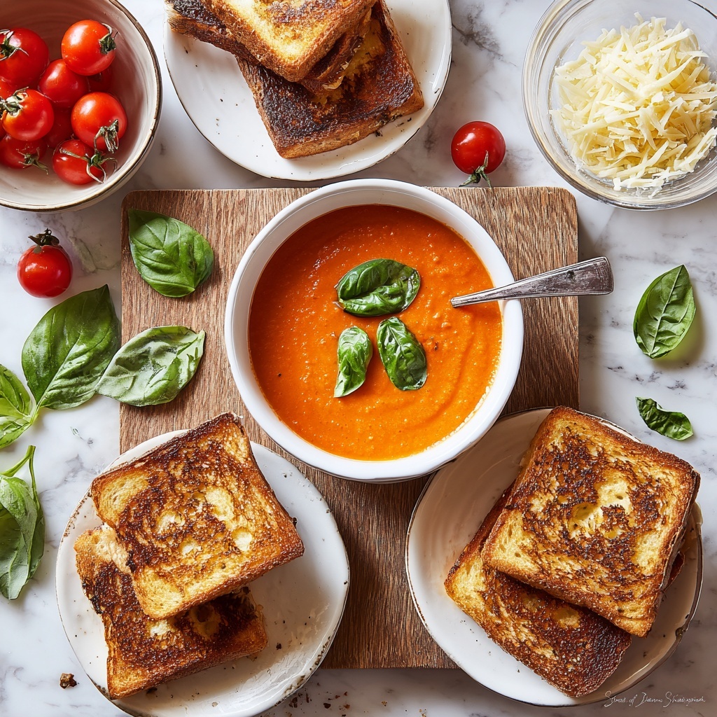 Tomato Basil Soup with Grilled Cheese Croutons Recipe - Recipe Image