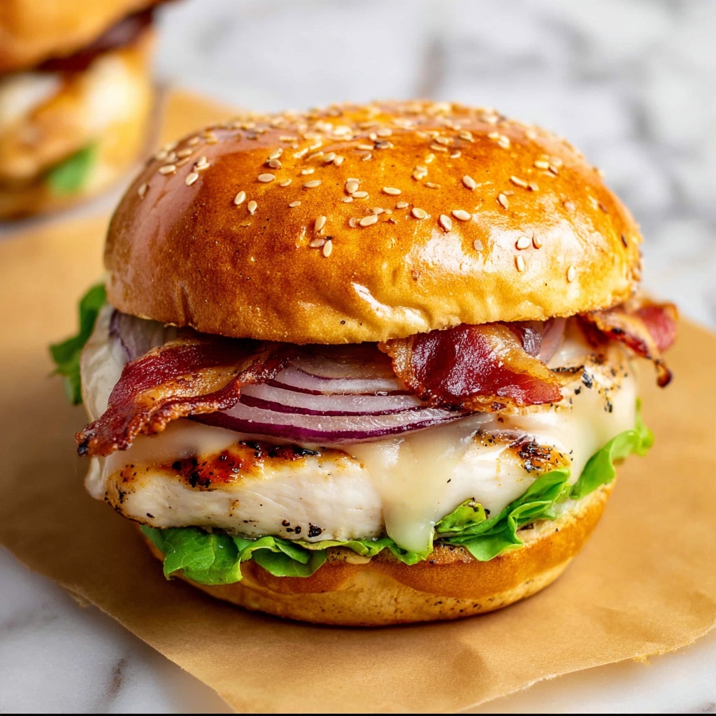 Grilled Chicken Sandwich with Bacon, Provolone, and Grilled Onions Recipe - Recipe Image