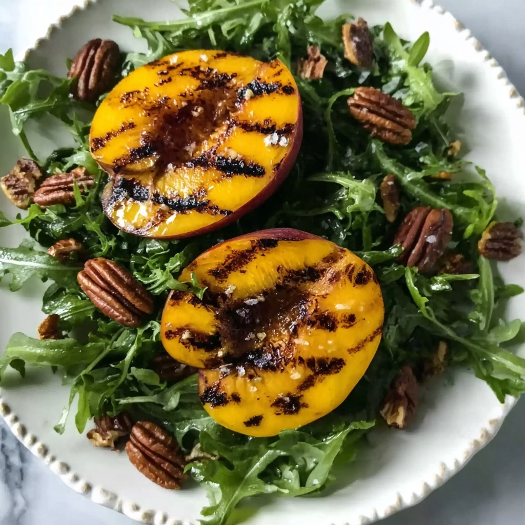 Grilled Peach Salad with Honey Vinaigrette, Candied Curry Pecans, and Blueberries Recipe - Recipe Image