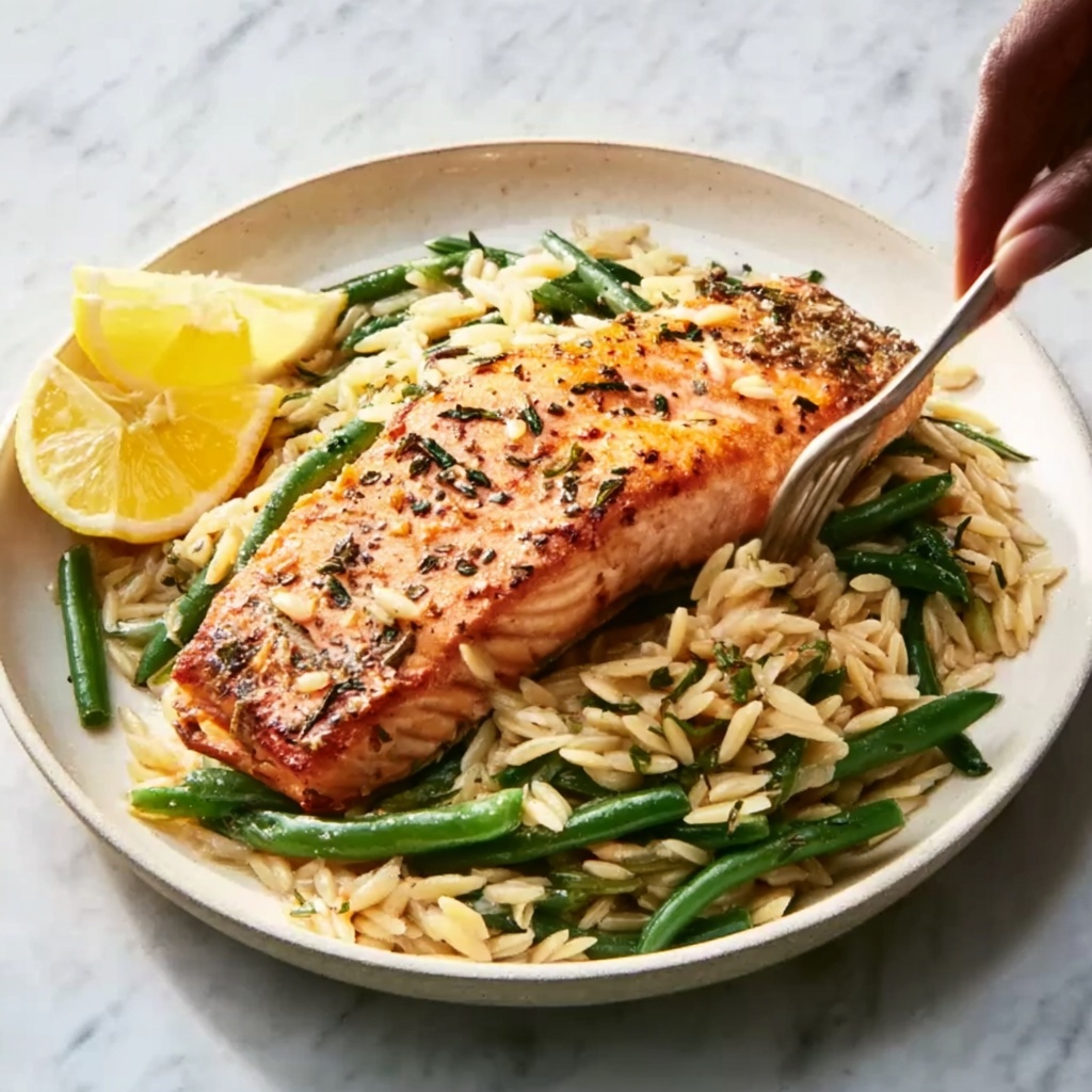 One-Skillet Salmon with Lemon Orzo Recipe - Recipe Image
