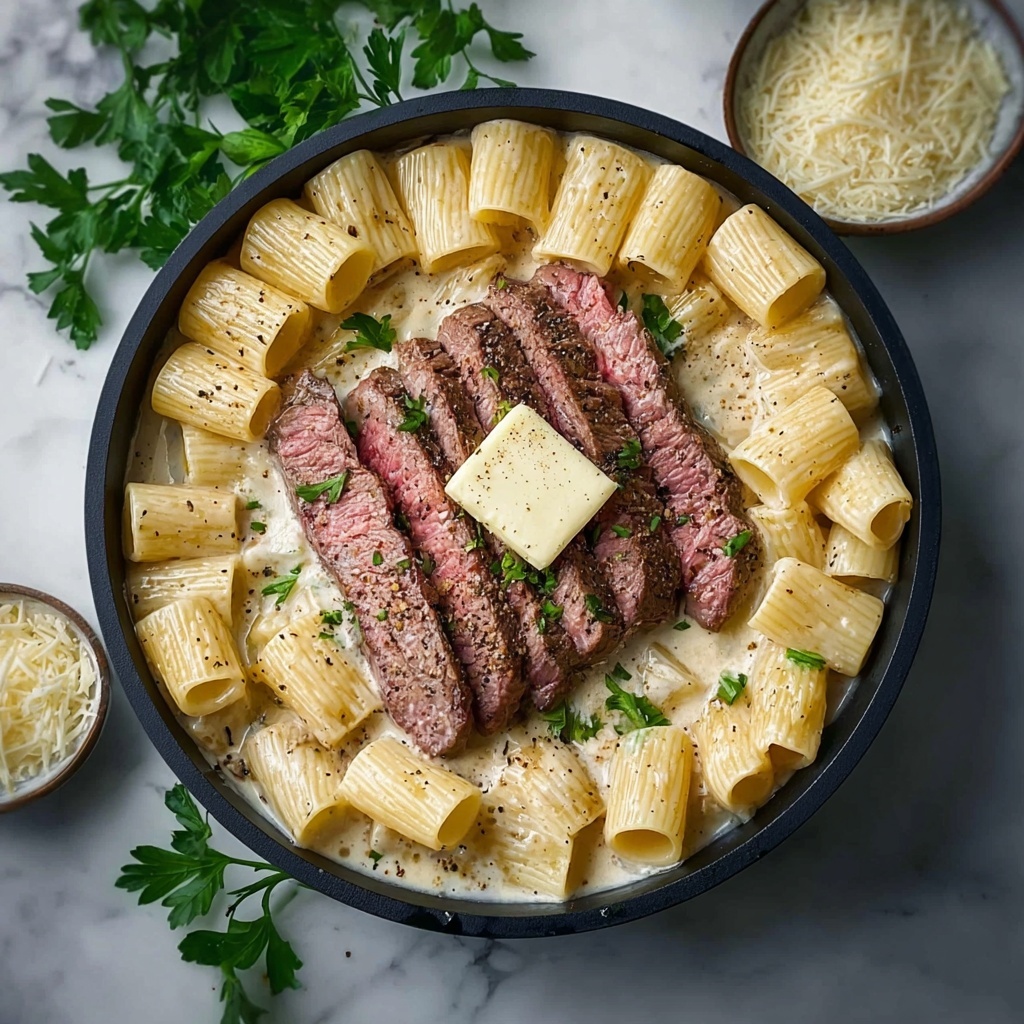 Garlic Butter Steak with Creamy Parmesan Rigatoni Recipe - Recipe Image