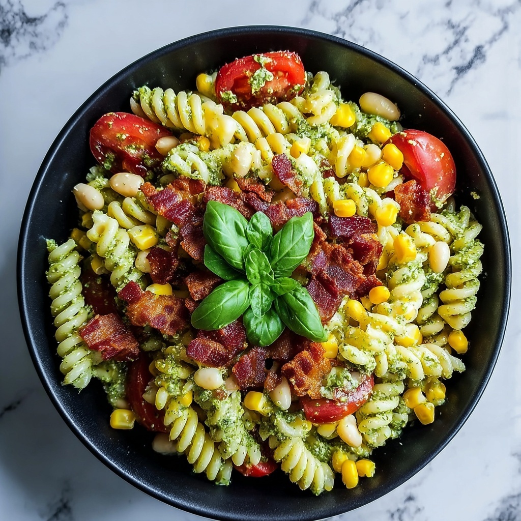Corn Pasta Salad with Bacon and Creamy Pesto Dressing Recipe - Recipe Image