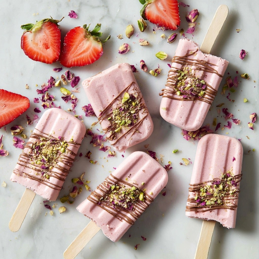 Strawberry Rose Popsicles with Chocolate Drizzle and Pistachios Recipe - Recipe Image