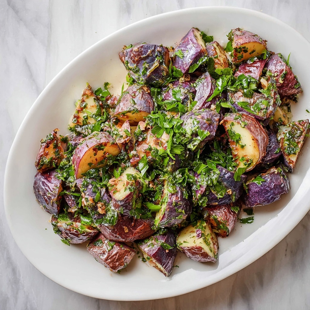 Roasted Purple Potatoes with Garlic, Herbs, and Fresh Basil Recipe - Recipe Image