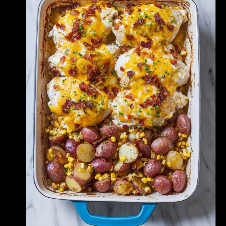 One Pan Cheesy Bacon-Crusted Chicken with Ranch Potatoes and Corn Recipe