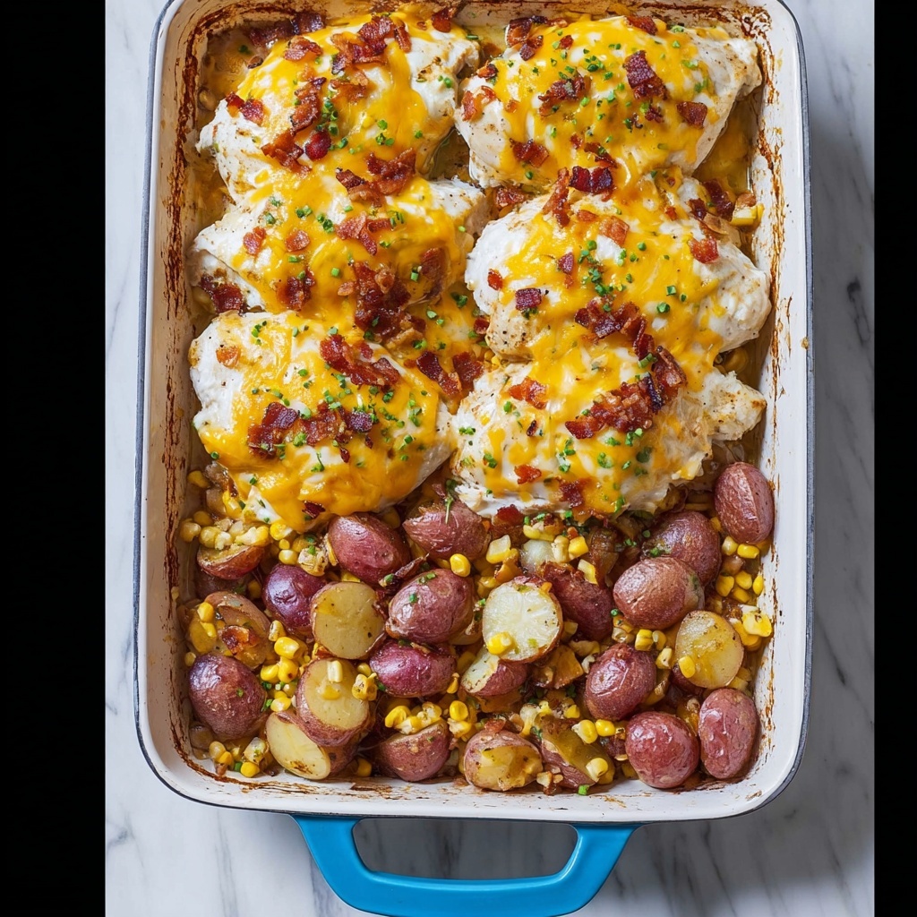 One Pan Cheesy Bacon-Crusted Chicken with Ranch Potatoes and Corn Recipe - Recipe Image