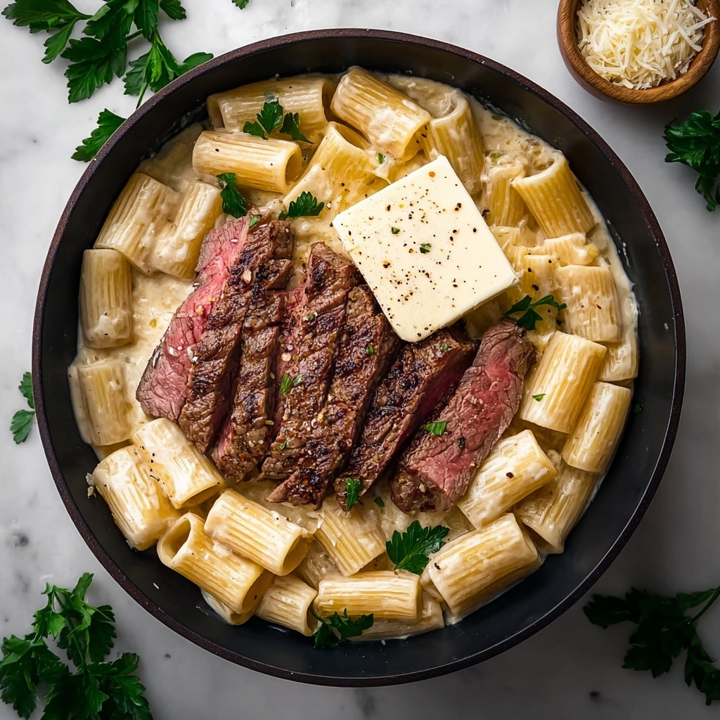 Garlic Butter Steak with Creamy Parmesan Rigatoni Recipe - Recipe Image