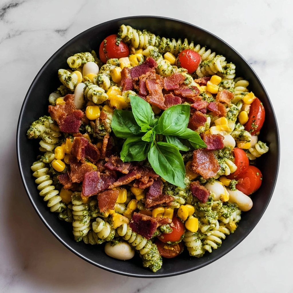 Corn Pasta Salad with Bacon and Creamy Pesto Dressing Recipe - Recipe Image