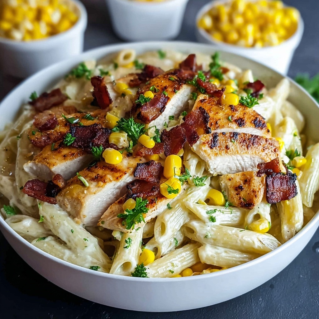 Creamy Chicken and Corn Pasta with Bacon Recipe - Recipe Image