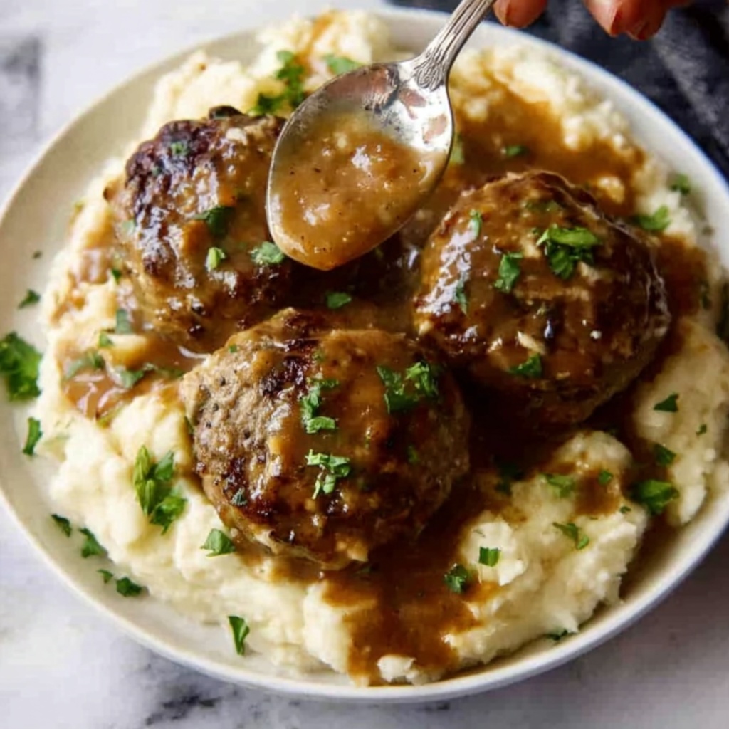 Salisbury Steak with Mushroom Gravy and Mashed Potatoes Recipe - Recipe Image