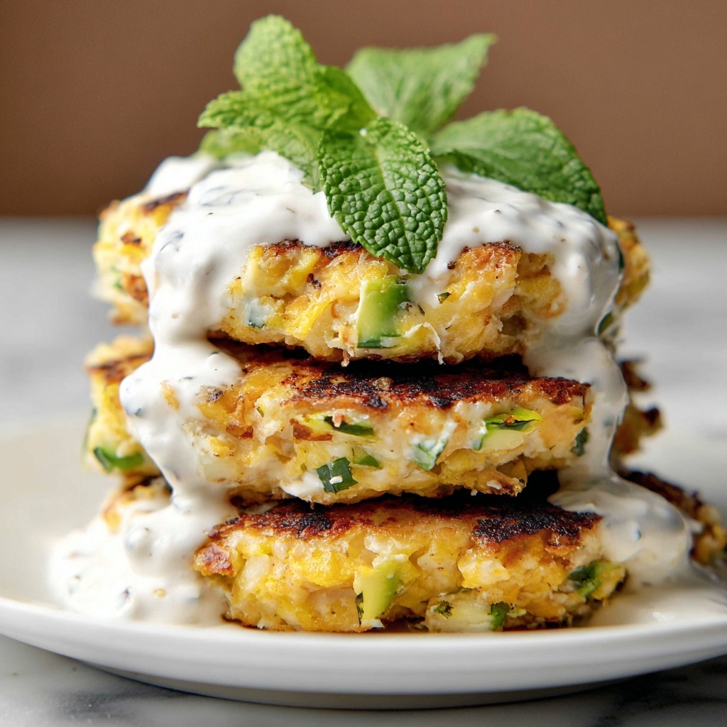 Corn and Leek Fritters with Mint-Yogurt Drizzle Recipe - Recipe Image