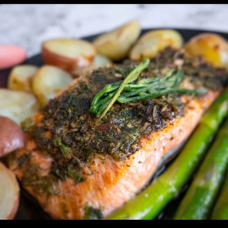 Sheet Pan Salmon with Creamy Scalloped Potatoes and Asparagus Recipe