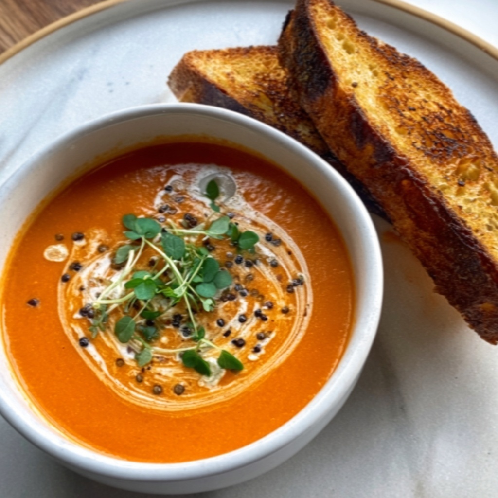 Creamy Tomato Soup with Grilled Cheese Sandwich Recipe - Recipe Image