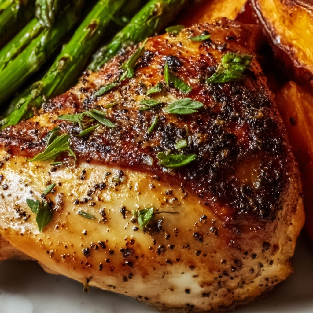 Garlic Herb Chicken with Roasted Sweet Potato & Asparagus Recipe - Recipe Image