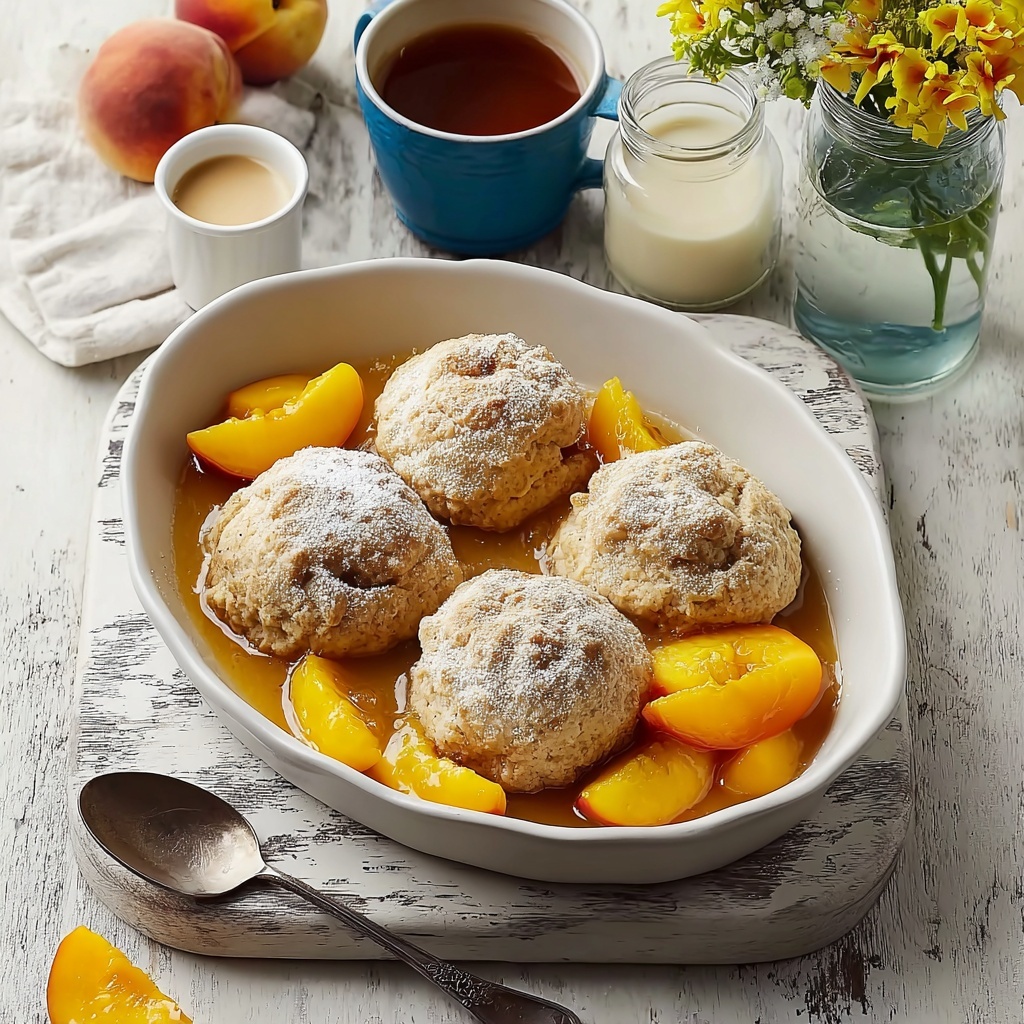 Brown Sugar Peach Cobbler with Buttermilk Biscuits and Caramel Drizzle Recipe - Recipe Image